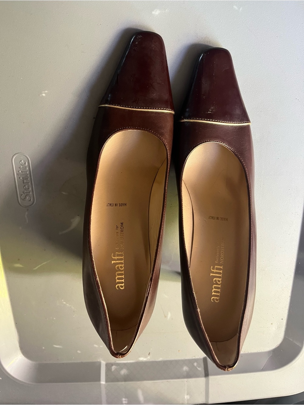 Amalfi Burgundy Brown Square-Toe Leather Flats with Gold Trim
